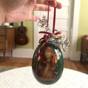 Vintage Father Christmas Reindeer Decoupage Egg Ornament Glossy Green 4"